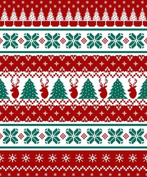 Nordic Christmas and New Year pixel knit pattern with reindeer, Christmas trees, and snowflakes in red and green tones. Design for festive fabric and wrapping. illustration knitted style. vector