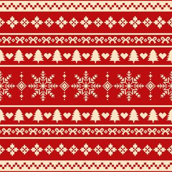 Nordic Christmas pixel knit pattern with trees, hearts, bows, and snowflakes in red and cream tones. Design for festive fabric, wrapping, and seasonal branding. illustration knitted style. vector