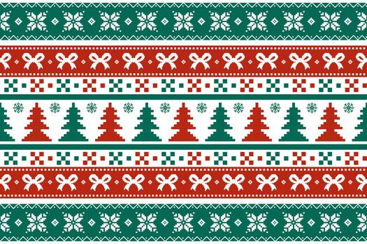 Textile Christmas pixel pattern featuring trees, bows, and snowflakes in red and green. Design for fabric, clothing, wrapping, and festive products. vector