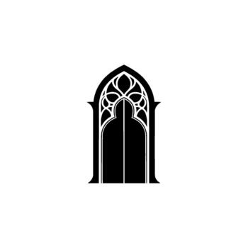 Minimalist silhouette of a Gothic pointed arch window with intricate tracery and a closed double door isolated vector