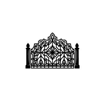 silhouette of an ornate wrought iron gate with intricate scrollwork and a central sunburst motif isolated vector