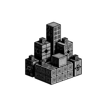 A detailed isometric illustration of a cluster of stylized geometric buildings with intricate repeating patterns and abstract textures creating a unique urban landscape vector