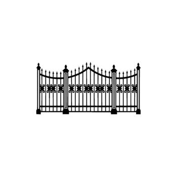 A classic wrought iron gate with ornate scrollwork and pointed finials stands in silhouette vector