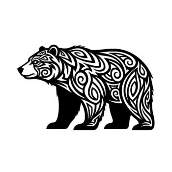 A striking tribal art silhouette of a walking bear with intricate swirling patterns and sharp angular details filling its fur vector