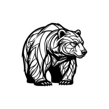 Striking tribal illustration of a powerful grizzly bear with intricate geometric patterns and sharp angular details vector