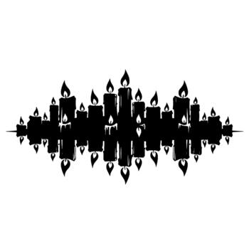 A dark silhouette of a symmetrical arrangement of numerous burning candles with dripping wax and reflected flames creating an abstract waveform pattern vector