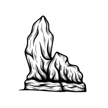 A stark line art illustration of a jagged rock formation with textured shading depicting erosion and layered strata isolated vector