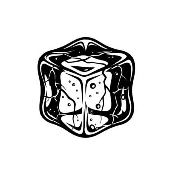 Stylized illustration of a cracked ice cube with internal bubbles and irregular fractured surfaces isolated vector