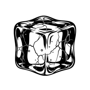 A striking illustration of a single ice cube with prominent cracks and internal air bubbles depicted in a stylized art style isolated vector