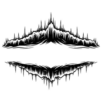 A stark illustration featuring two symmetrical abstract tribal flame crests with sharp spiky peaks and intricate jagged edges isolated vector