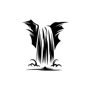 Dramatic illustration of a stylized waterfall cascading from sharp pointed rock formations resembling wings with abstract water spray at the base vector