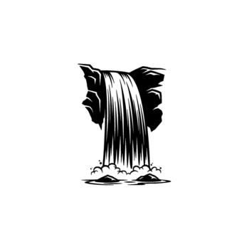 un rígido ilustración de un poderoso cascada cascada terminado escabroso acantilado rocas y salpicaduras dentro un piscina con estilizado espuma y guijarros abajo creando un dramático natural escena vector