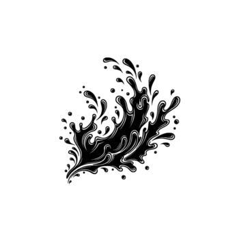 Dynamic ink splash with swirling droplets and fluid motion rendered in a stark silhouette style vector