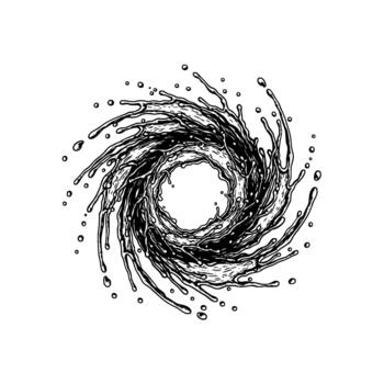 Dynamic monochrome ink illustration of a swirling vortex of water splashes and droplets creating an abstract circular whirlpool effect vector