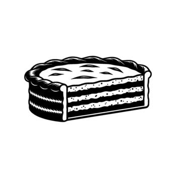 A stylized monochrome illustration of a layered cake slice with decorative crust and visible internal texture isolated vector