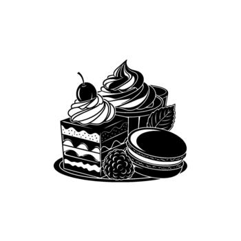 detallado ilustración de un en capas pastel rebanada con azotado crema Cereza y frambuesa siguiente a un macaron Galleta vector