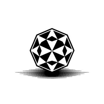 A stark geometric abstract featuring a symmetrical faceted dodecahedron shape casting a stylized linear shadow vector