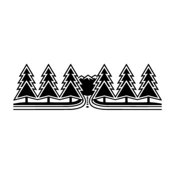 Stylized illustration featuring a symmetrical arrangement of geometric coniferous trees with snowcapped mountain peaks in the background and curved linear pathways vector