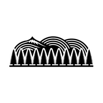 Stylized silhouette of a mountain peak with concentric arcs suggesting a rainbow or rolling hills over a uniform row of pine trees vector