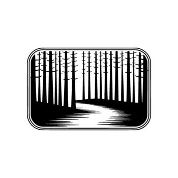 A minimalist illustration depicting a stylized dark forest with tall evergreen trees and a winding river or path reflecting the trees within a rounded rectangular frame vector