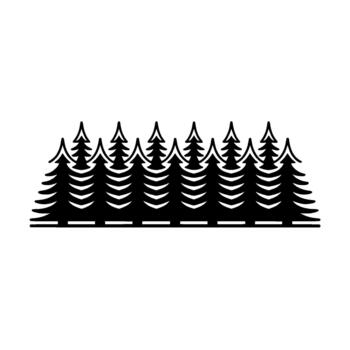 A clean silhouette of a dense line of stylized pine trees with distinct layered branches isolated vector