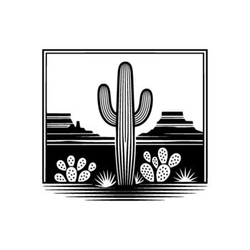 un ilustración de un saguaro cactus y espinoso Pera cactus en un Desierto paisaje con mesas y agudo césped cuchillas conjunto dentro un sencillo rectangular marco vector