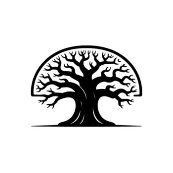 Striking minimalist silhouette of an ancient sprawling tree with intricate branching patterns enclosed within a semicircular frame vector