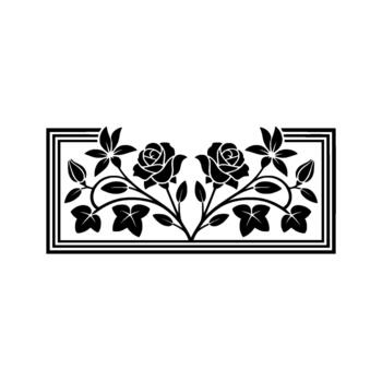 un simétrico silueta de cierne rosas y estilizado hojas arreglado dentro un de doble línea rectangular marco aislado vector