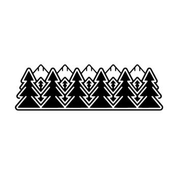 A minimalist illustration depicting a stylized forest of evergreen trees in front of a row of sharp mountain peaks creating a cohesive geometric pattern vector