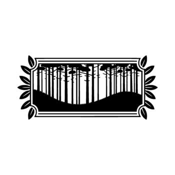A stylized silhouette of a dense pine forest with rolling hills and decorative leaf embellishments within a rectangular frame vector