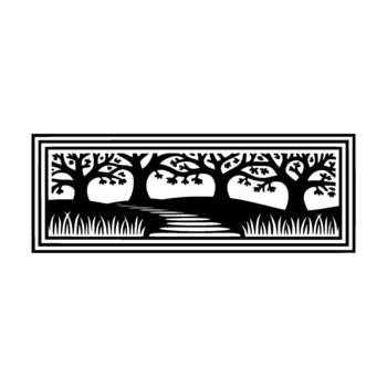 A simple and elegant silhouette art depicting a winding stone path through a grove of stylized trees with textured grass vector