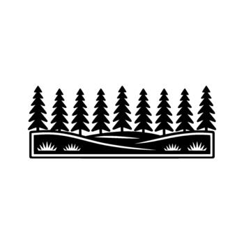 Stylized silhouette of a dense coniferous forest with simplified evergreen trees and rolling hills isolated vector
