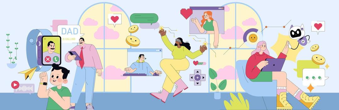 Virtual Interaction and Connection in a Busy Lifestyle vector