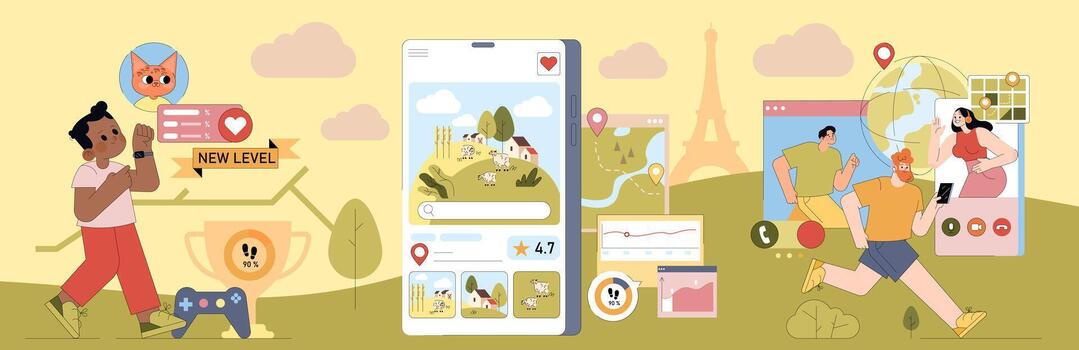 Interactive Game Progress and Digital Networking Illustration vector