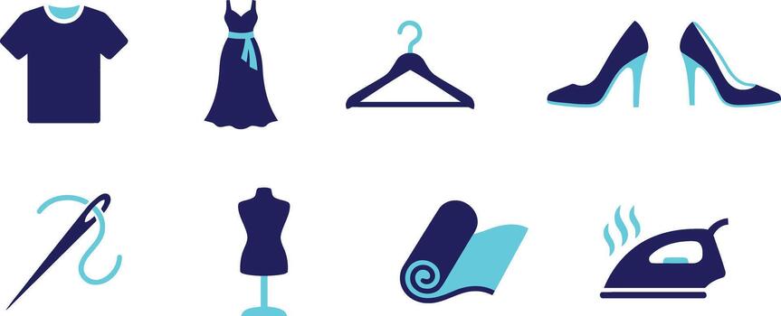 A comprehensive flat design icon set illustrating essential elements of fashion, tailoring, and laundry tasks. vector