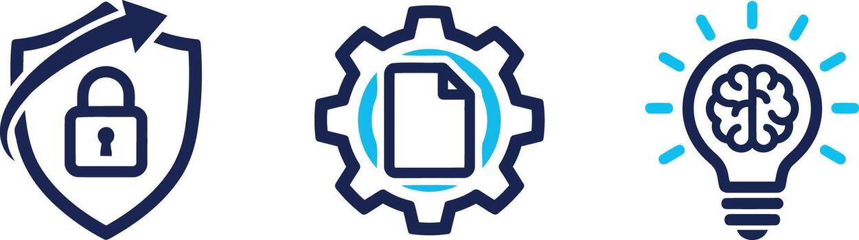 Icon set featuring security, document management, and innovation symbols vector
