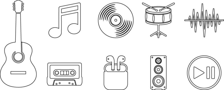 Simple outline icons representing various music instruments and digital audio technology. vector