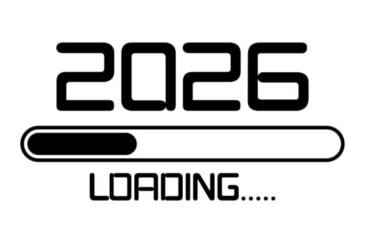 2026 Happy New Year black loading bar. Decorative loading spinning icon. Digital clock. Computer network digits. illustration Isolated graphic technology design on white background vector