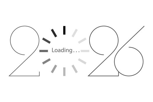 2026 Happy New Year black loading bar. Decorative loading spinning icon. Digital clock. Computer network digits Isolated graphic technology design on white background vector