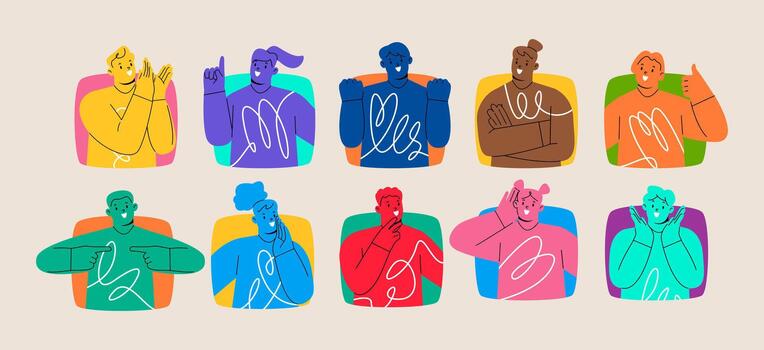 personas haciendo varios gestos en un cuadrado marco. hombres y mujer mirando fuera de cuadrado ventana. vistoso ilustración vector