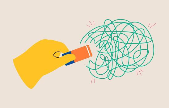 Resolving complex problems, erasing negative thoughts. Hand holding eraser delete messy lines. Colorful illustration vector