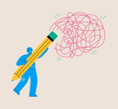 Resolving complex problems, erasing negative thoughts. Woman delete messy lines. Colorful illustration vector