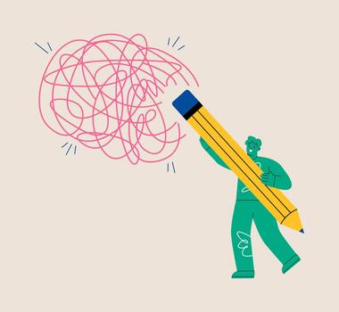 Resolving complex problems, erasing negative thoughts. Man delete messy lines. Colorful illustration vector