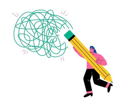 Resolving complex problems, erasing negative thoughts. Business woman delete messy lines. Flat illustration isolated on white background vector