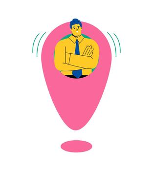 negocio hombre con grande mapa puntero. plano ilustración aislado en blanco antecedentes vector