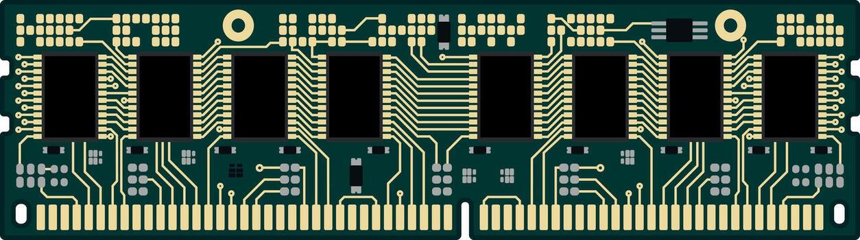 Computer memory RAM module with microchips and circuit details without background. vector