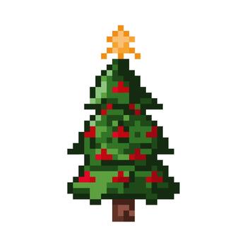 Pixel Christmas tree with glowing star topper. 8 bits Happy New Year illustration. Arcade game icon. vector