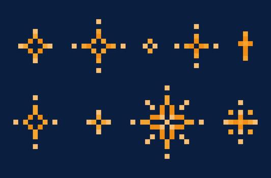 píxel Arte estrella iconos conjunto centelleo estrellas. destellos brillante bengala Fuegos artificiales. arcada 8 poco juego icono. vector