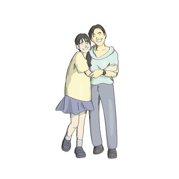 mother and daughter smiling and hugging each other illustration sketch with black lines vector