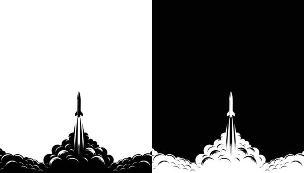Silhouette rocket launching into space with smoke and fire symbolizing progress and exploration vector